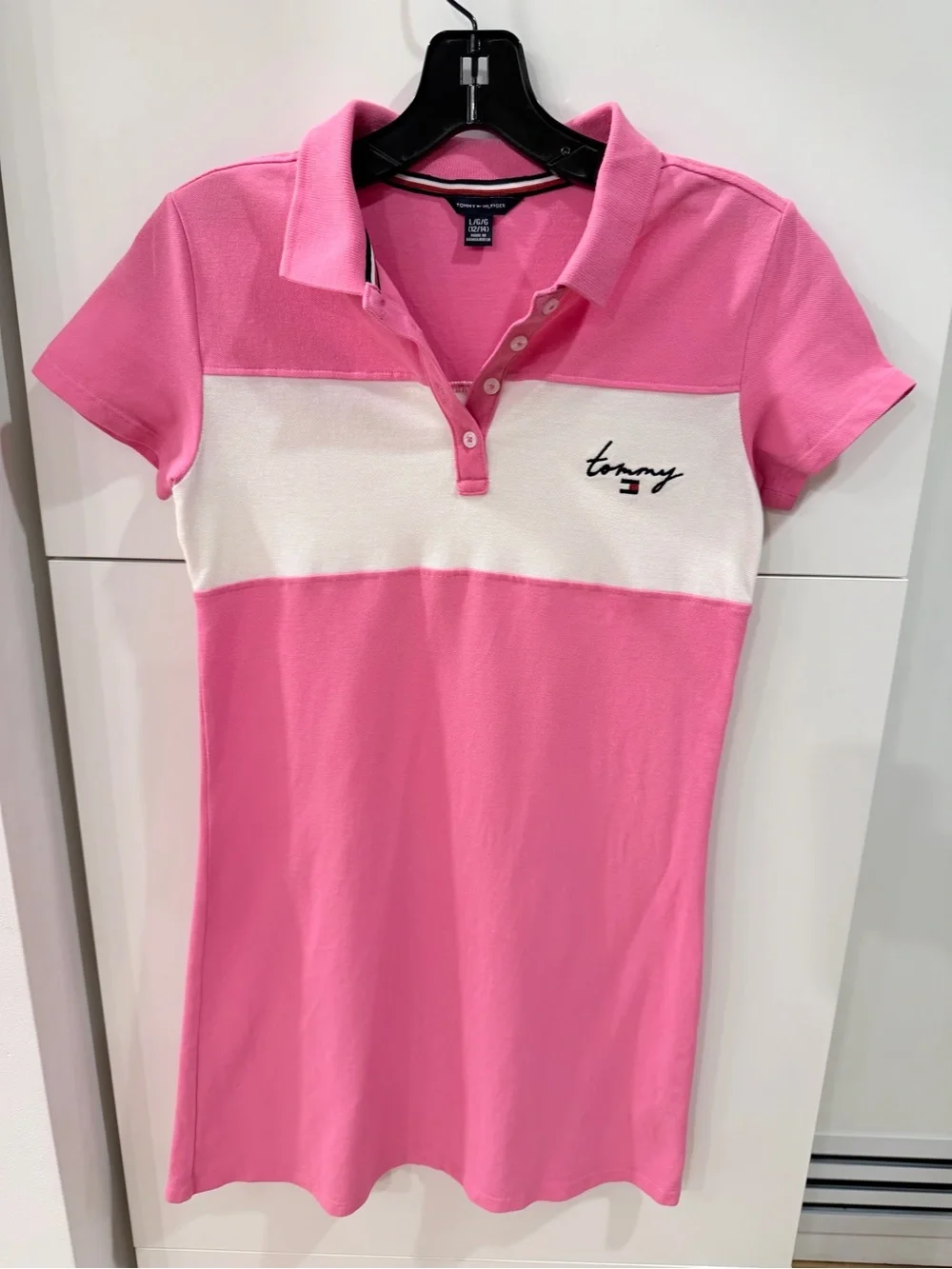 Tommy Hilfiger Girls Pink White Colorblock Polo Dress Size L 12/14